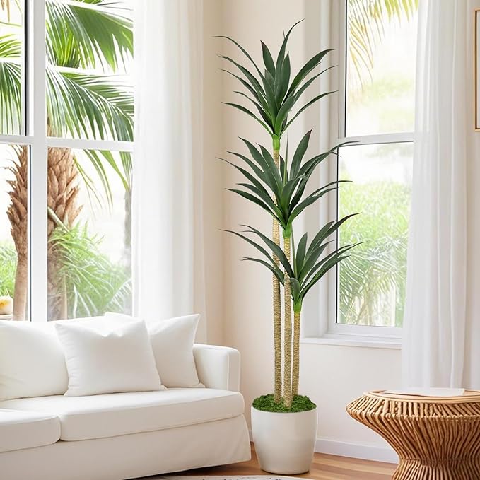 5ft Faux Agave Plant Artificial Tree with 45 Leaves and 3 Large Realistic Trunks,Fake Floor Potted Artificial Tall Plants for Home Office Garden Decor Indoor (5Feet,1Pack)