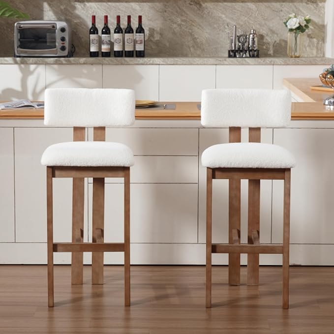 Upholstered Farmhouse Bar Height Bar Stools Set of 2 White Sherpa Barstools with Back/Solid Wood Legs, Modern Tall Bar Chairs for Kitchen Island/Home Bar/Pub, 30 Inch