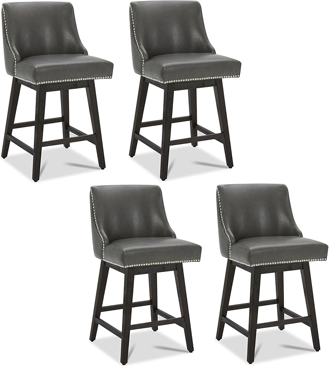 CHITA Counter Height Swivel Bar Stools Set of 4, FSC Certified Upholstered Counter Stools, Modern Swivel Barstools with Wood Legs for Kitchen Island, 26" Seat Height, Faux Leather in Retro Grey