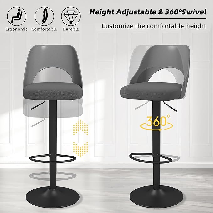 civama Bar Stools Set of 4 for Kitchen Counter, Seat Height Adjustable 25''-33'', Modern Upholstered Swivel Island Chairs with Hollow Backrest Metal Base, Grey