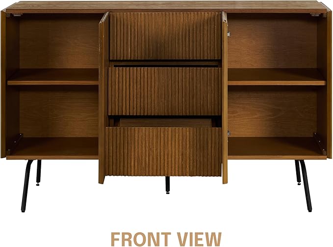 NTC Veil Sideboard with 2 Doors and 3 Drawers, Buffet Cabinet with Vertical Groove Design and Metal Legs, Storage Cabinet for Living Room, and Entryway, Effortless Assembly - Rustic Oak