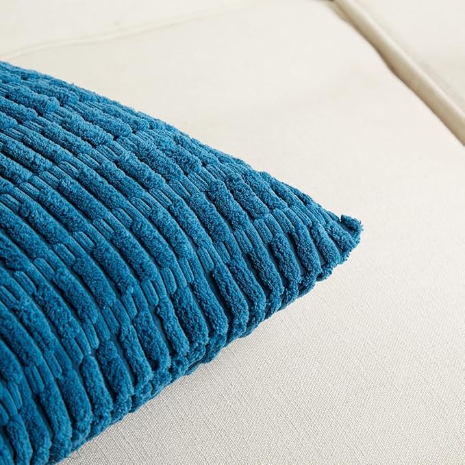 Fancy Homi 2 Packs Teal Decorative Throw Pillow Covers 18x18 Inch for Living Room Couch Bed Sofa, Rustic Farmhouse Boho Home Decor, Soft Striped Corduroy Square Cushion Case 45x45 cm