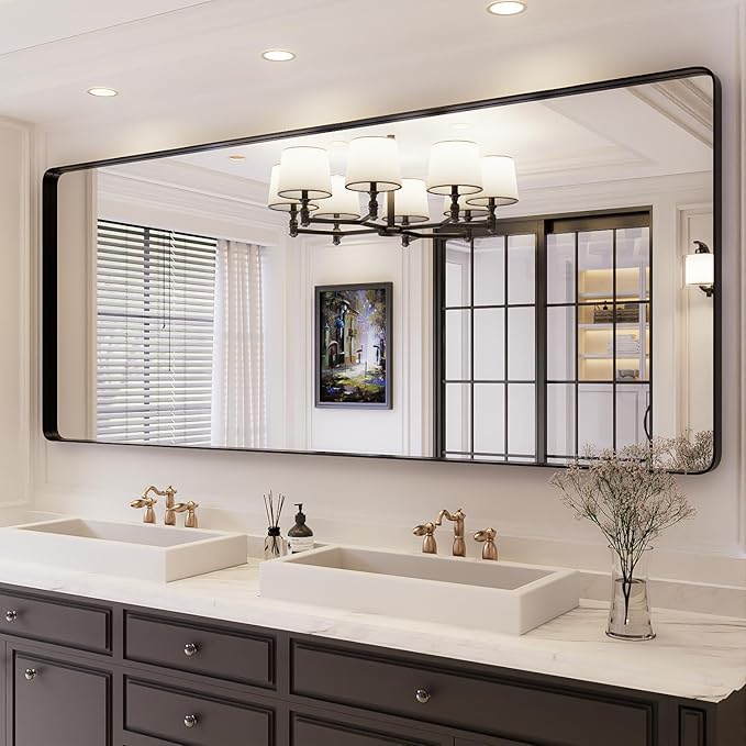 ISKM Black Framed Mirror for Wall 84"x 32", Large Bathroom Mirror Anti-Rust, Tempered Glass, Rounded Rectangle Mirror(Horizontal/Vertical)