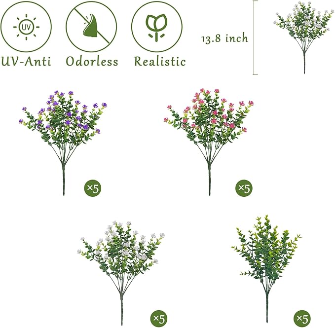 Outdoor Artificial Flowers UV Resistant, 20 Bundles Fake Realistic Floral Greenery Plants for Outside Porch, Window Boxes, Garden, Yard, Inside Home Table Decor,MixcolorC