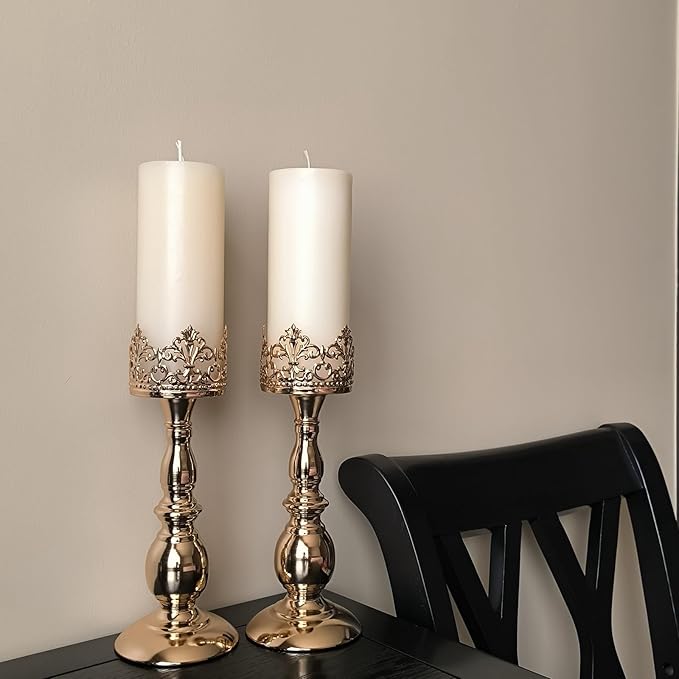 Candle Holders for Pillar Candles Gothic Matte Black Vintage Tall Candle Holders Set of 2 Decorative Large Table Centerpieces Candle Stand Decor (Gold 2PCS A)