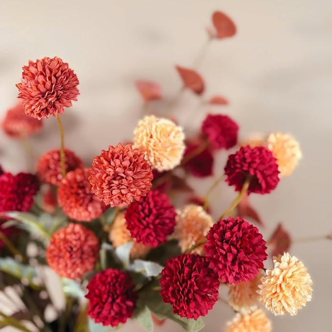 Fall Flowers, Burnt Orange Faux Kiku Flowers Artificial 10 Stems + Eucalyptus, Fake Silk Mums Fall Floral Centerpiece, Autumn Decor, Terracotta Mini Balls Faux Stems For Vase, Decoración de Otoño