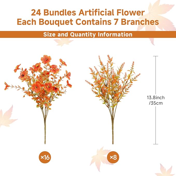 SHareconn 24 Bundles Artificial Fall Flowers for Outdoors Decoration, UV Resistant Silk Eucalyptus Lavender Faux Autumn Fake Plants for Outside Indoor Garden Yard Porch Home Decor, Autumn Colours