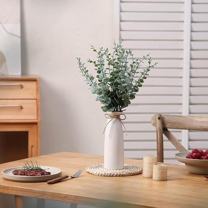 Vase with Greenery, 20pcs Artificial EucalyptusStems in White Vase, Boho Home Decor Plant, 19" Decorative Fake Plants for Home Farmhouse Mantle Centerpiece Decor