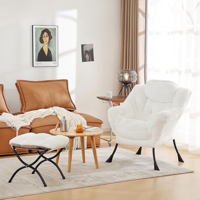 Cozy Lazy Chair and Ottoman, Large Contemporary Accent Lounge Chair Set, Leisure Upholstered Reading Armchair for Bedroom, Living Room, Dorm Rooms, Office