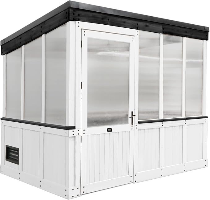 Backyard Discovery Willow 9' x 6' White Cedar Wood and Polycarbonate Walk-in Greenhouse Kit with Exhaust Fan, Windows, Hose Hook-Ups, PowerPort, Staging Shelves for Year-Round Outdoor Gardening