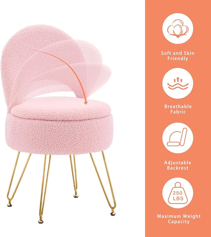 Ottoman Teddy Velvet Vanity Stool Chair with Folding Back Multifunctional Upholstered Makeup Chair, 4 Metal Legs with Anti-Slip Feet for Bedroom Living Room Entryway(Pink,M)