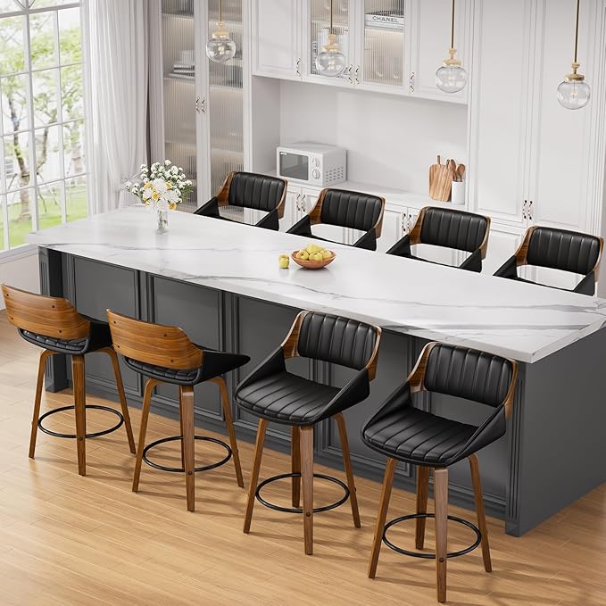 Bar Stools Set of 8, 26" Swivel Counter Height Barstools with Walnut Bentwood Back and Legs, Mid-Century Modern Faux Leather Upholstered Bar Chairs with footrest for Bar, Kitchen Island, café, Black