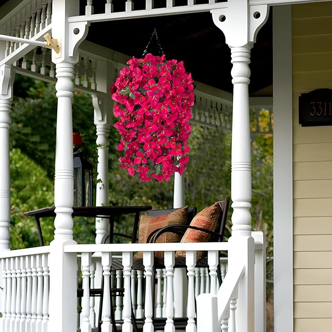 2 pcs Artificial Faux Bougainvillea Flowers Plants for Outdoor Outside Summer Decoration, Fake Silk UV Resistant Long Trailing Vines for Front Door Porch Planter Balcony (Purple Rose Red)