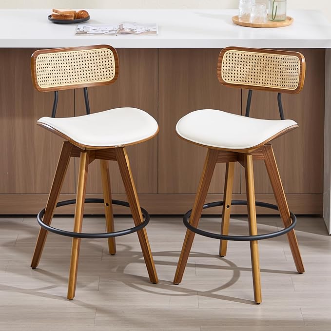 Swivel Bar Stools Set of 2, Faux Leather Counter Height Stools with Rattan Back, 26" Seat Height Upholstered Bar Chairs with Bentwood Wood Frame for Kitchen Island - Beige