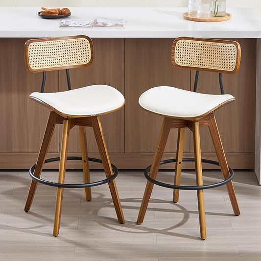 Swivel Bar Stools Set of 2, Faux Leather Counter Height Stools with Rattan Back, 26" Seat Height Upholstered Bar Chairs with Bentwood Wood Frame for Kitchen Island - Beige