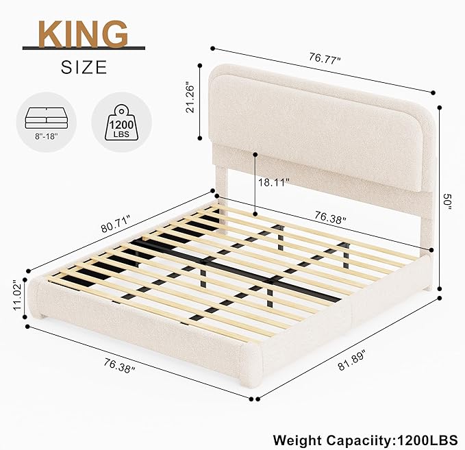 King Bed Frame, Teddy Fleece Upholstered Beds with Thickened Rounded Corners, Modern Curved Shaped Cloud Bedframe with Headboard Footboard LED Lights, No Box Spring Needed, Cream