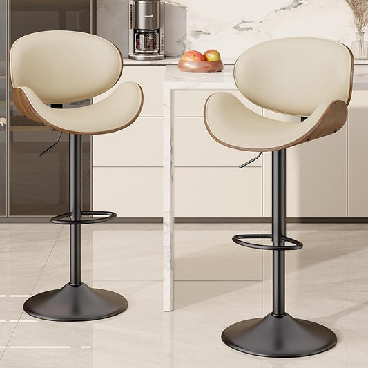 Swivel Bar Stools Set of 2, Seat Adjustable Height 23.5-32.5IN Bentwood Barstools with Back & Footrest, PU Leather Upholstered Counter Height Bar Chairs for Bar Kitchen Dining Room,Beige