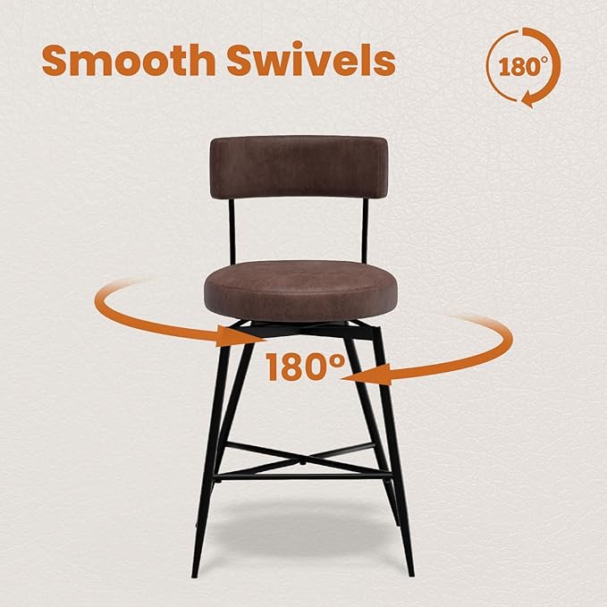 Swivel Counter Height Bar Stools with Back, 27 Inch Brown PU Leather Upholstered Kitchen Bar Chairs for Kitchen Counter Island, Dining Chairs with Footrest Metal Legs