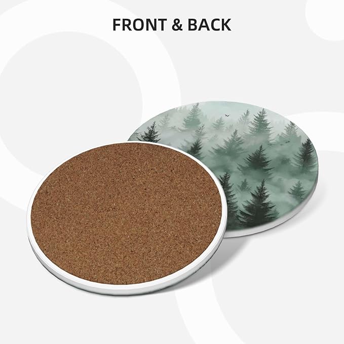 Green Tree Coasters for Drinks Spring Summer Winter Absorbent Ceramic Coaster Set of 4 for Coffee Table Cup Bar Desk Round Coasters Mat with Cork Base Seasonal Home Decors