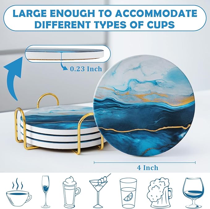 GOH DODD Coasters for Drinks Set of 4, Absorbent Marble Style Ceramic Coaster Set Tabletop Protection Home Decor with Metal Golden Holder for Coffee Table, Father‘s Day Gifts, Blue, Round, 4 Inches