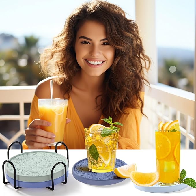 Photect Diatomaceous Earth Coasters Set with Holder Absorbent Stone Drink Coasters Instant Drying Tray for Tabletop Protection Home Decoration Housewarming Gift(Blue,4 Pcs)