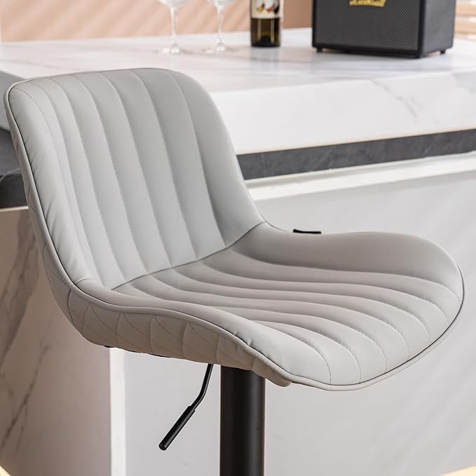 YOUNUOKE Counter Height Bar Stools Set of 2 Upholstered Kitchen Island Barstools Adjustable Swivel Stools with Back Mid Century PU Leather Padded Chairs Grey