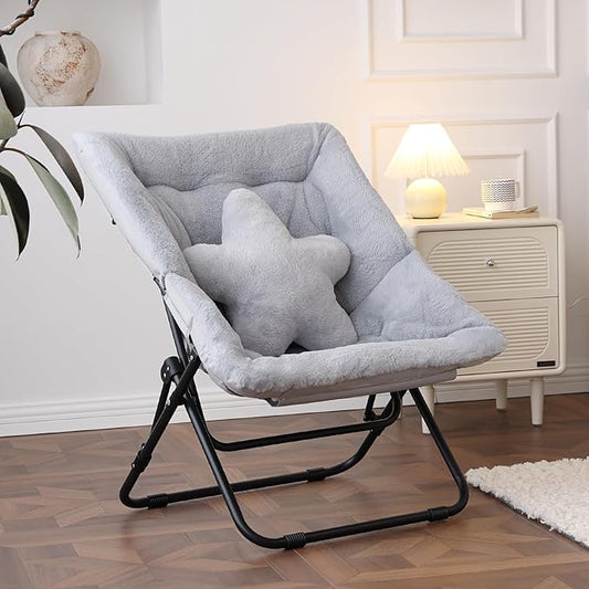 Welnow Comfy Saucer Chair, Oversized Folding Reading Chair for Adults with Throw Pillow Soft Faux Fur Lounge Chair for Bedroom Furry Accent Chair for Living Room, Dorm Rooms, Grey