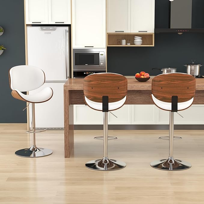 KCC Bar Stools, Swivel Adjustable Height Barstools, PU Leather Upholstered Bar Chairs with Footrest, Bentwood Bar Stool for Kitchen, Bar, Dining Room(White PU)