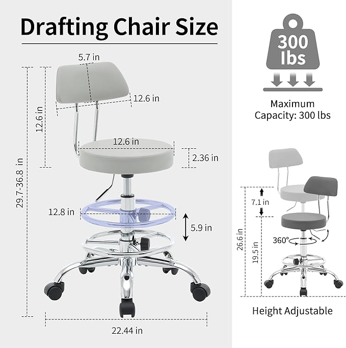 Drafting Stool (Height Adjustable Office Chair with Footrest 19.5"-26.6")(Drum Stool with Back) Space Saving Tattoo Chair (Gray)