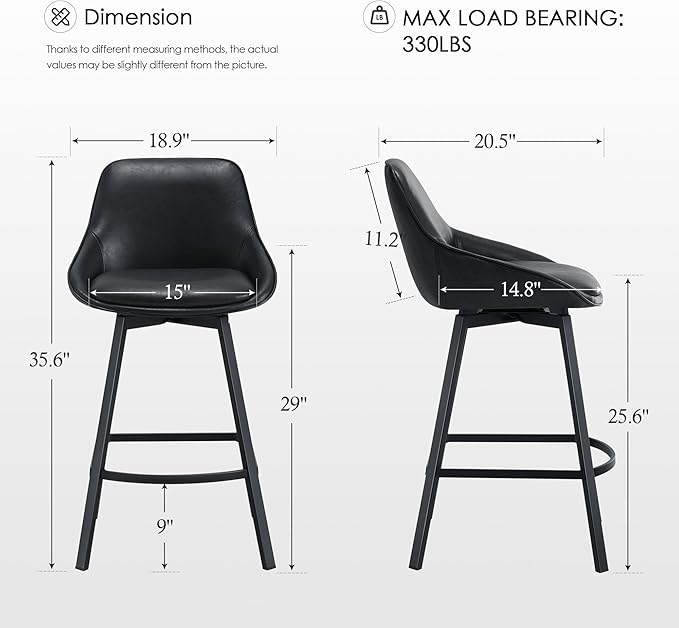 Zesthouse Swivel Counter Height Stools Set of 4, Modern Upholstered Barstools with Backs, 26'' Faux Leather High Chairs for Island Kitchen, Counter Height Chairs with Metal Legs, Black