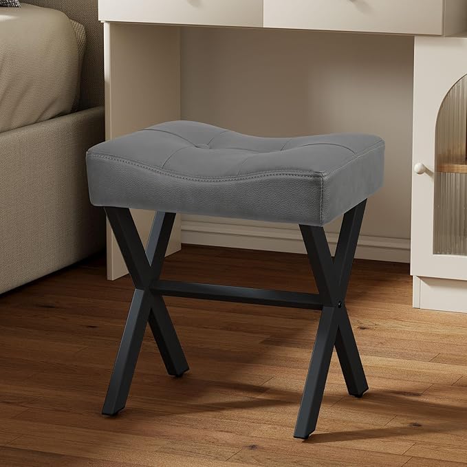 18-Inch Leather Vanity Stool Chair, Vanity Bench with Metal X-Leg, Ottoman Accent Stool with Thick Padded Saddle Seat, Gray