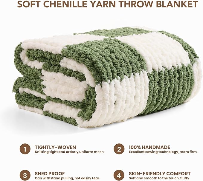 L'AGRATY Chunky Knit Blanket Throw: 50''x60'' Chenille Chunky Knitted Throw Blankets for Bed Couch - Handmade Thick Cable Knit Blanket - Large Crochet Rope Blankets for Home Decor(Green Checkered)
