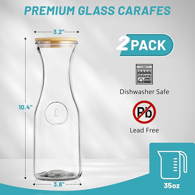 Glass Carafe with Bamboo Lid,35 Oz Beverage Dispensers Carafe,Mimosa Bar Supplies,Clear Glass Pitcher with Name Labels for Iced Tea,Coffee,Juice(Set of 4)