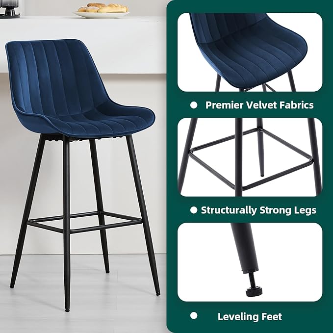 24" Bar Stools Set of 2, Counter Height Bar Chairs with Back, Modern Velvet Upholstered Barstools, Kitchen Island Stools for Bar, Kitchen Counter, Top Height 35"-38", Blue