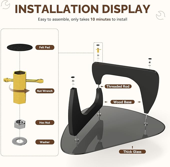 Modern Glass Coffee Table, Triangle Center Table with Tempered Glass Top& Unique Wooden Base, 42.5” Mid Century Tea Tables for Living Room, Apartment, Office,Black & Grey