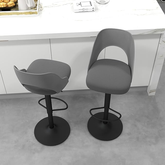civama Bar Stools Set of 2 for Kitchen Counter, Seat Height Adjustable 25''-33'', Modern Upholstered Swivel Island Chairs with Hollow Backrest Metal Base, Grey