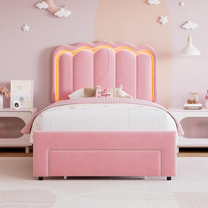 Twin Upholstered LED Bed Frame with Storage Drawer and Adjustable Chic Double Wavy Headboard, Velvet Princess Platform Bed for Girls/Kids, Solid Wood Slats Support, No Box Spring Needed, Pink