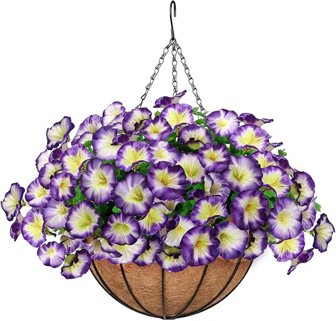Artificial Hanging Flowers Basket, Fake Plants, Faux Silk Petunias Eucalyptus, for Spring Summer Outdoor Decoration, UV Resistant, Coconut Planter wtih Morning Glories, for Patio Garden Decor (Pruple)