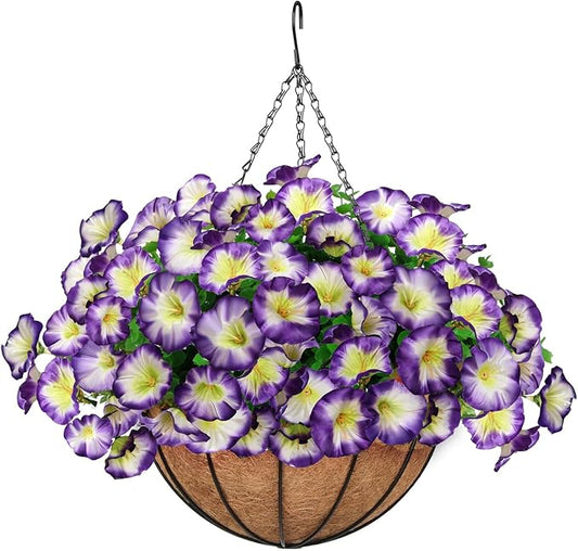 Artificial Hanging Flowers Basket, Fake Plants, Faux Silk Petunias Eucalyptus, for Spring Summer Outdoor Decoration, UV Resistant, Coconut Planter wtih Morning Glories, for Patio Garden Decor (Pruple)
