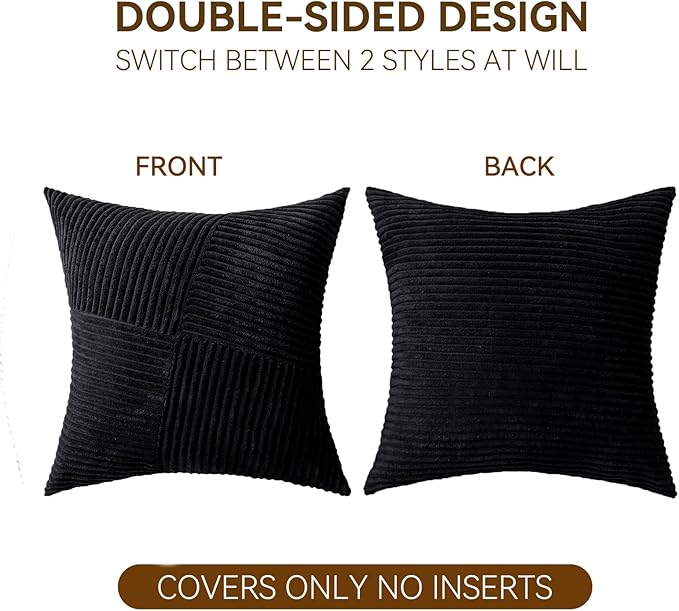Decorative Throw Pillow Covers 18x18 Inch Set of 2 for Boho Living Room Farmhouse Home Decor, Spring Pillow Covers for Couch Bed, Soft Corduroy Striped Patchwork Cushion Cases, Black