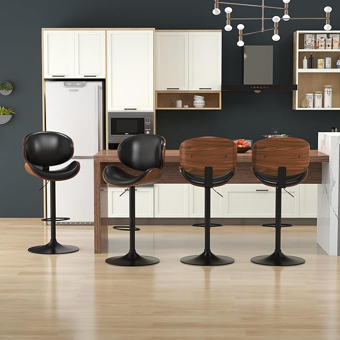 KCC Bar Stools Set of 4, Swivel Adjustable Height Barstools, PU Leather Upholstered Bar Chairs with Footrest, Bentwood Bar Stool for Kitchen, Bar, Dining Room(Black PU)