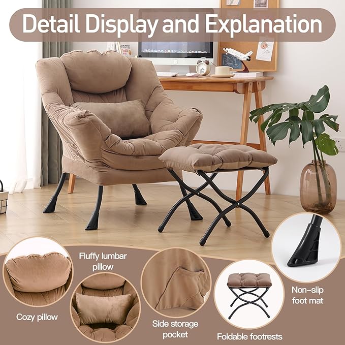 Lazy Chair with Ottoman, Modern Accent Chair with Lumbar Pillow, Comfy Chairs with Folding Footrest for Bedroom, Reading, Oversized Supportive Lounge Chairs(Velvet Khaki)