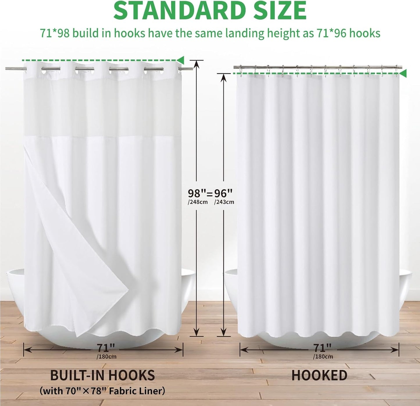 Extra Long No Hooks Needed Linen Textured Shower Curtain with Snap-in Fabric Liner Set,Tall Hotel Luxury Decor Shower Curtains for Bathroom,Waterproof & Washable,71Wx98H,White