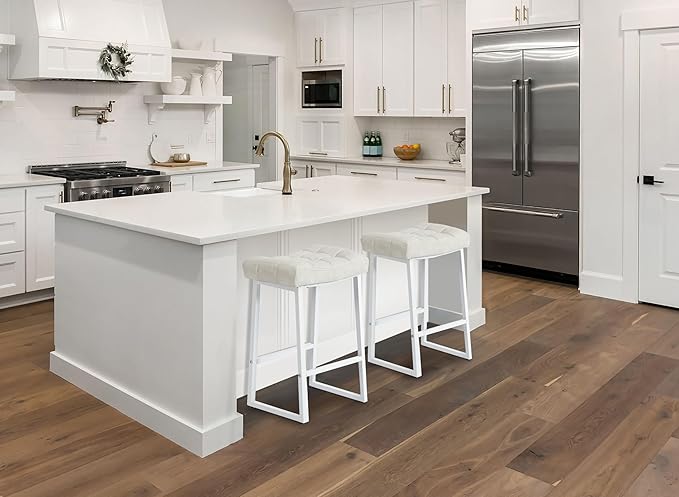 White & Beige Counter Height Bar Stool for Kitchen Counter Modern Backless Barstool with Upholstered Faux Leather Seat and Metal Frame Industrial 24 inch Bar Chair