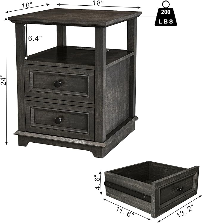 End Table with Fast USB C Charging Station,18" Wide Sofa Side Table with 2 Drawers, Large Storage Rustic Wood Square Storage Cabinet for Living Room, Bedroom, Office, Black