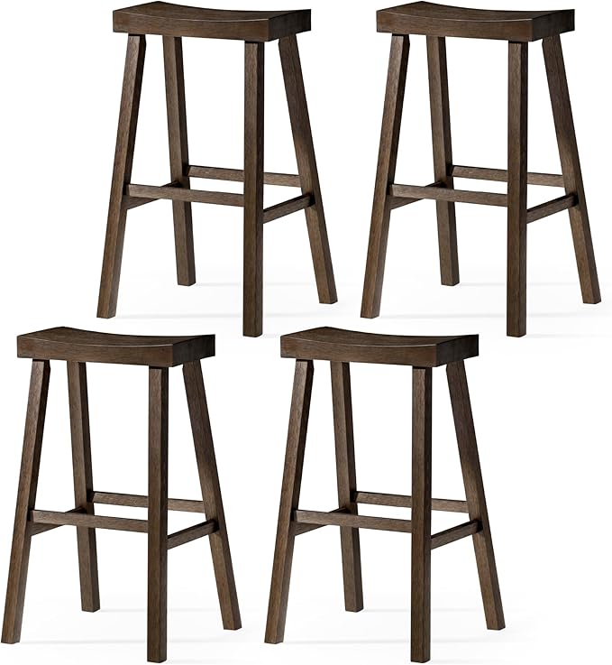 Maven Lane Kitchen Bar Stool, Modern Farmhouse Wood Barstool, Kitchen Island Chairs, Pub Bar Height Stools For Kitchen, Wide Comfortable Seat Backless Bar Stools, Vincent 31", Antiqued Brown, Set of 4