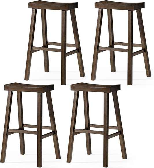 Maven Lane Kitchen Bar Stool, Modern Farmhouse Wood Barstool, Kitchen Island Chairs, Pub Bar Height Stools For Kitchen, Wide Comfortable Seat Backless Bar Stools, Vincent 31", Antiqued Brown, Set of 4