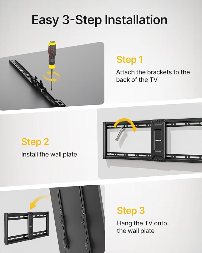 monTEK Heavy Duty Fixed TV Wall Mount for 43–100 Inch TVs up to 200 lbs, 1.2" Ultra Slim Low Profile Wall Mount Bracket, Max VESA 800x600mm, Fits 16"/18"/24" Wood Studs, Secure Space-Saving Design