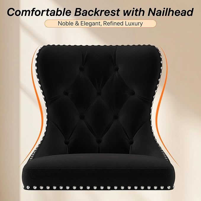 Bar Stools Set of 2, Velvet Swivel Counter Height Stools with Tufted Back, Adjustable Seat with Nailheads Trim, Upholstered Bar Chairs with Steel Base for Kitchen Island, Pub, Black