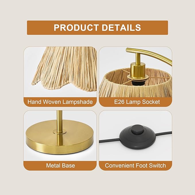 Oneach Arc Floor Lamp for Living Room,Rattan Boho Floor Lamp with Hand-Woven Shade, Foot Switch,Gold Metal Base & Pole,Farmhouse Standing Lamp for Bedroom Corner,Reading